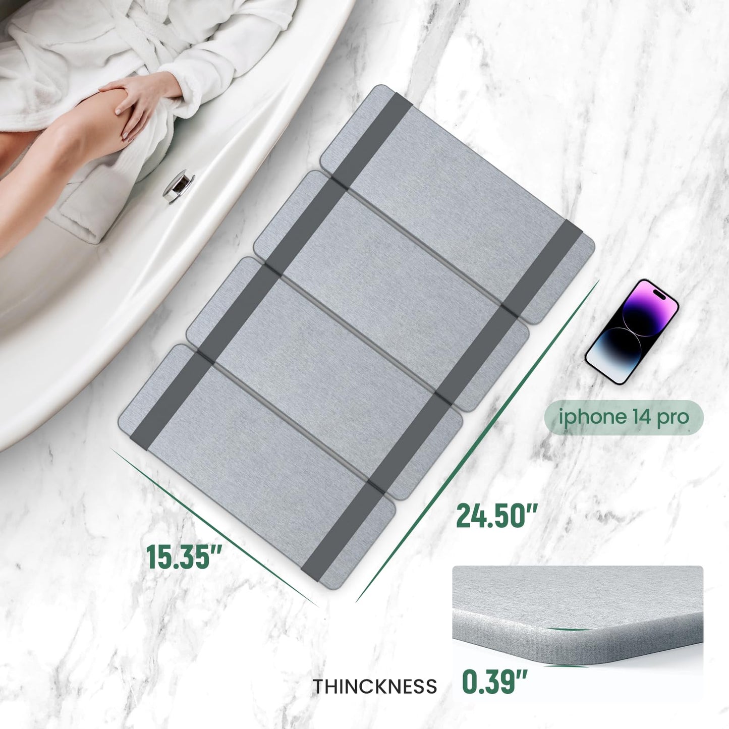 WALL QMER Foldable Stone Bath Mat, Fast Drying and Non-Slip Natural Diatomaceous Earth Mat, Multifunctional Eco-Friendly Stone Mat for Bathroom, Kitchen, 24.50" x 15.35", Light Gray