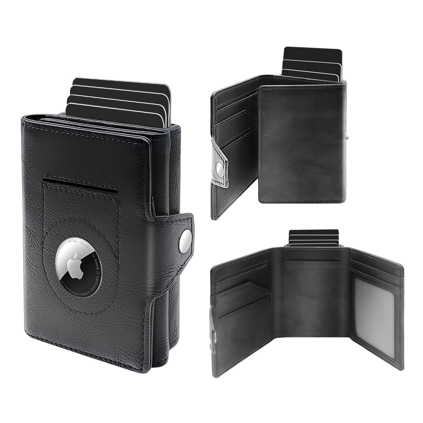 Wallet with Airtag Holder, Pop Up Card Holder and Cash Slot — Leather, Compatible with Apple Air Tag, RFID Blocking, Tri-fold Mens Wallet, Gift for Men (Black)