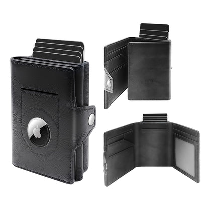 Wallet with Airtag Holder, Pop Up Card Holder and Cash Slot — Leather, Compatible with Apple Air Tag, RFID Blocking, Tri-fold Mens Wallet, Gift for Men (Black)