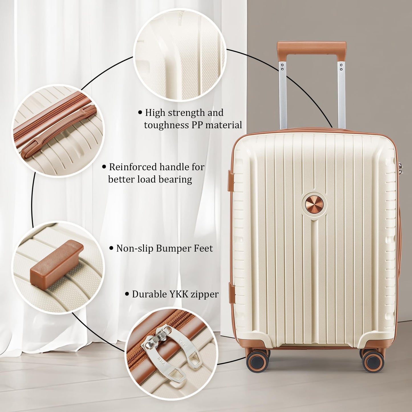 Joyway Luggage Sets 5 Piece Suitcase Set, PP Hardshell Carry on Suitcase Set, Travel Suitcases with Double Spinner Wheels and TSA Lock, Beige Brown