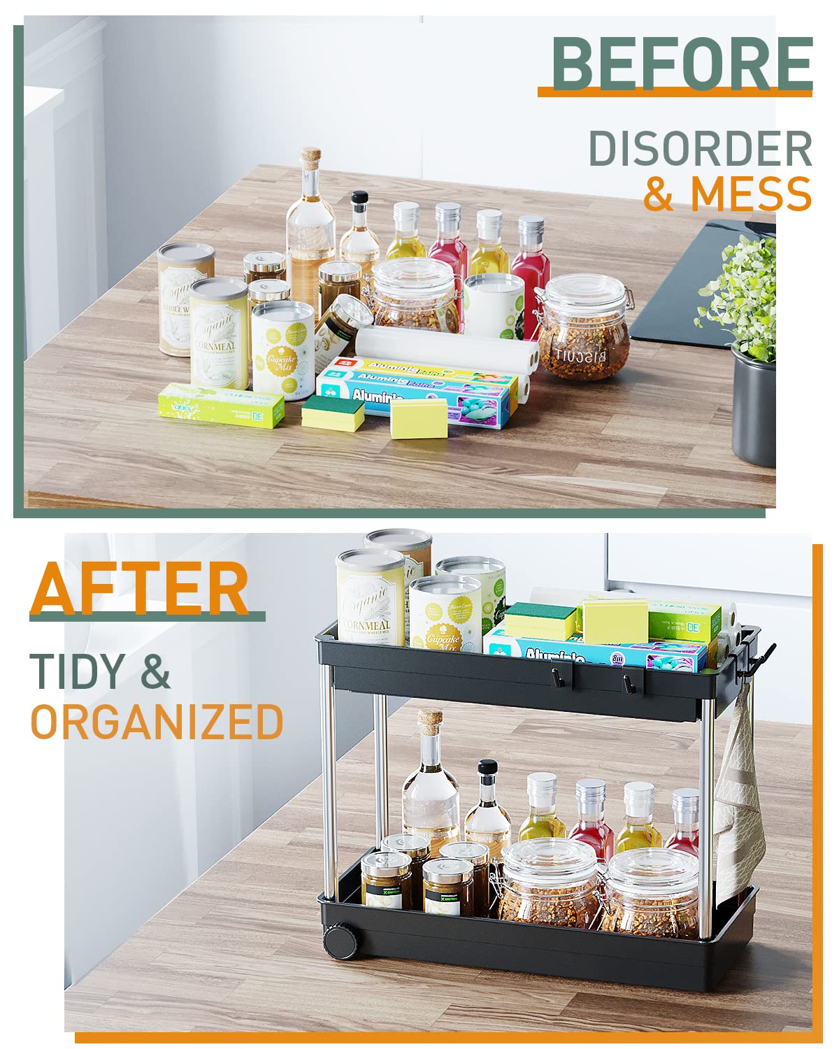 Under Sink Organizer, 2 Tier Under Bathroom Cabinet Storage, Pull Out Under Sink Storage Rack, Under Cabinet Organizer and Storage with Hooks, Multi-purpose Shelf Organizer for Bathroom/Kitchen