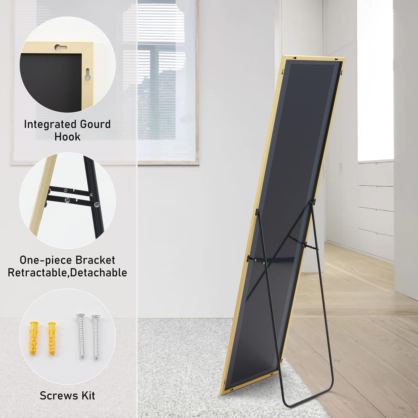 Sweetcrispy 59"x16" Full Length Mirror Full Body Floor Mirror Standing Hanging or Leaning Wall Mirror with Stand Aluminum Alloy Thin Frame for Bedroom Cloakroom, Gold