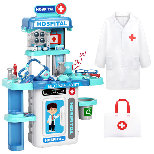 Doctor Kit for Kids Toddlers 3-8, 2 in 1 Kids Doctors Play Set with Costume, Stethoscope and Surgical Light, Pretend Medical Station Set for Boys Girls Birthday