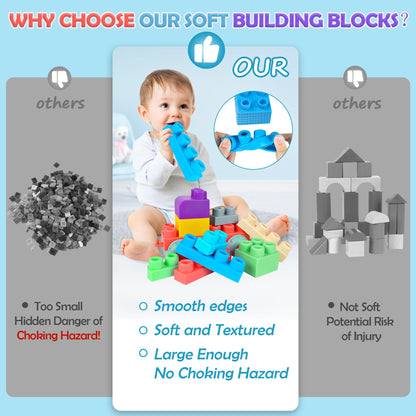 ROHSCE Baby Soft Blocks Set, Big Building Block Toys, Soft Rubber Blocks for Babies 6 Months and Up STEM Educational Toddler Gifts, Baby Soft Blocks Sensory Stacking Toys, 80PCS