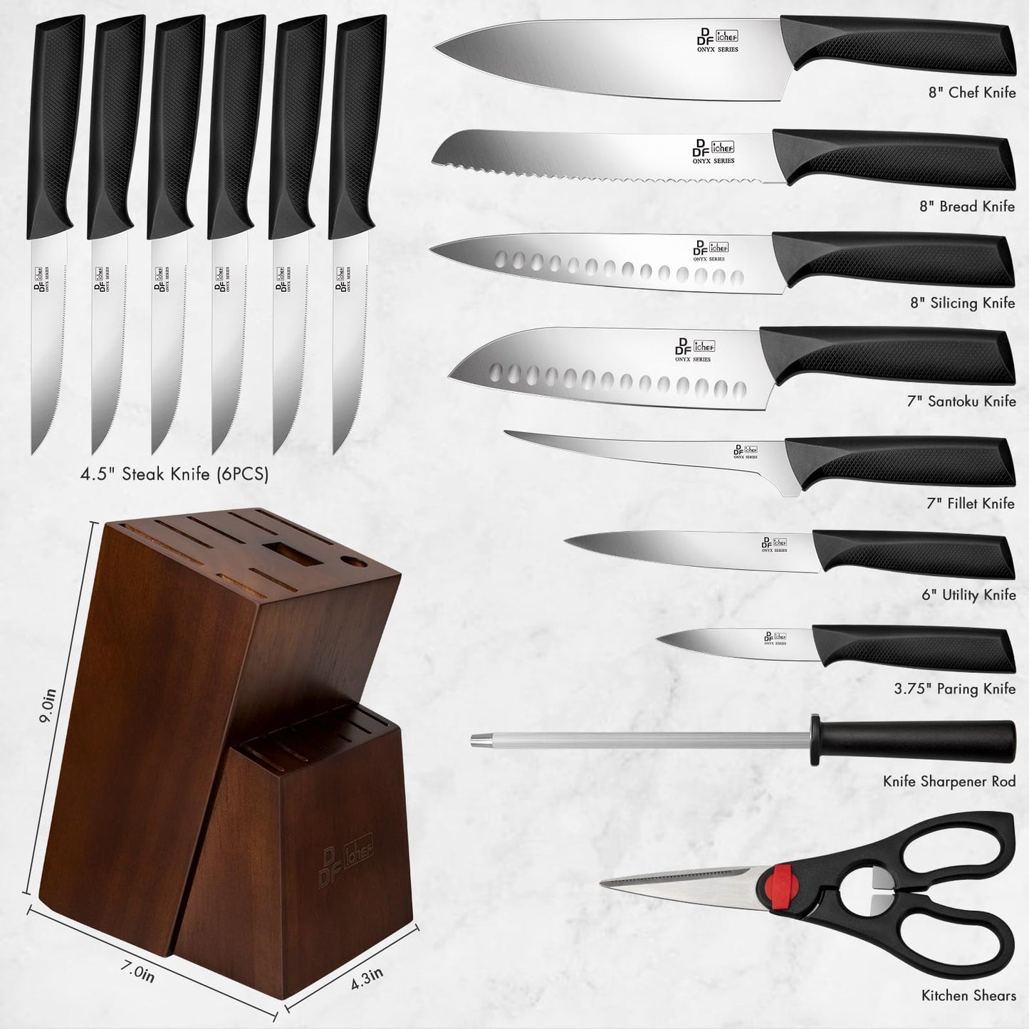 Kitchen Knife Set, DDF iohEF 16 Pieces Knife Set for Kitchen with Block High Carbon Stainless Steel Knife Block Set with Sharpener Ultra Sharp Professional Chef Knife Set for Cutting