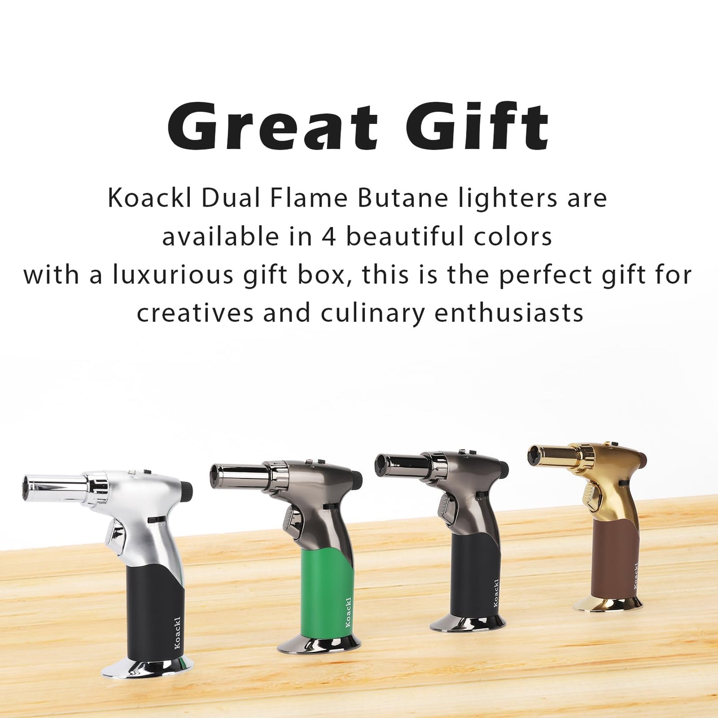 Koackl Dual Flame Mode Butane Torch Lighter, Refillable Luxury Kitchen Torch with Adjustable Flame with Ignition Lock for Welding, Resin Art, Cooking- Platinum and Black(Butane Gas Not Included)