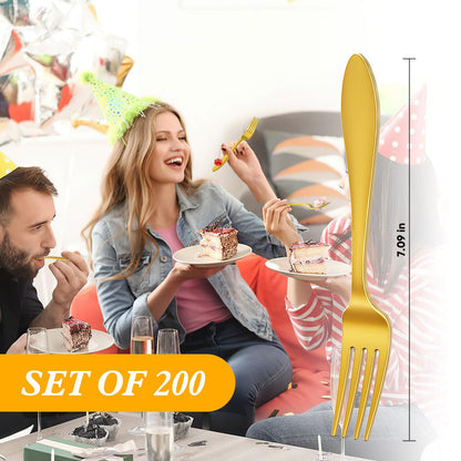 Disposable Forks Plastic, 200 Pcs Forks For Parties, Plastic Silverware Heavy Duty, Solid and Durable Plastic Utensils, Disposable Table Forks & Dinner Forks For Noodle/Salad, Golden Shower Forks