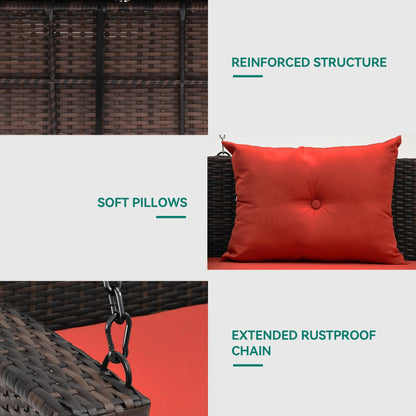 YITAHOME Wicker Hanging Porch Swing Chair Outdoor Brown Rattan Patio Swing Lounge w/ 2 Back Cushions Capacity 530lbs for Garden, Balcony, Living Room, Red