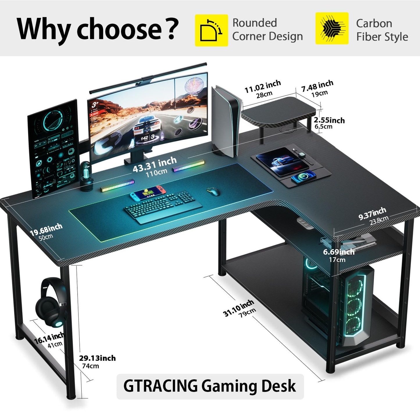 GTRACING L Shaped Gaming Desk with Adjustable Shelf