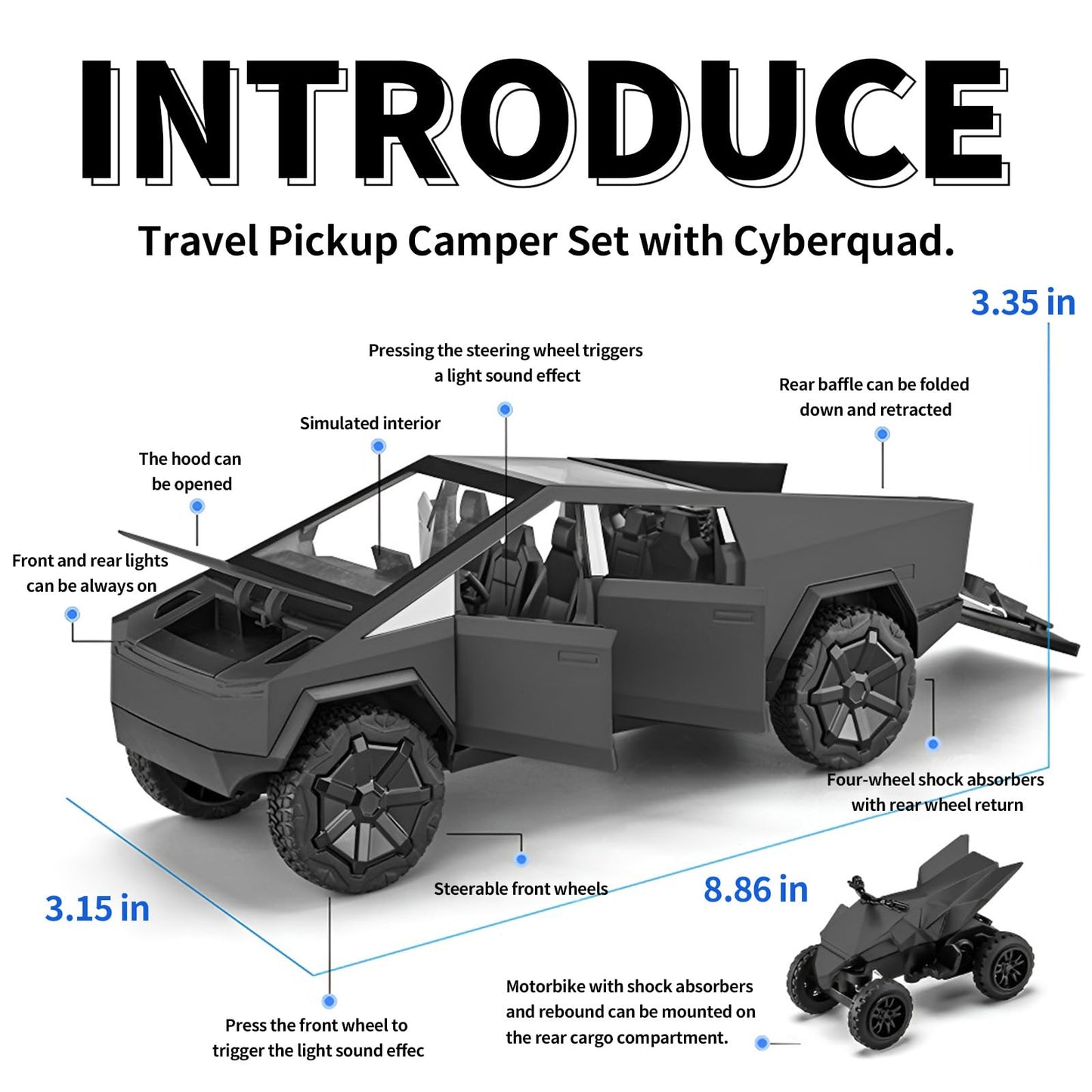 Cybertruck Pickup RV Model with Motorcycle Toy
