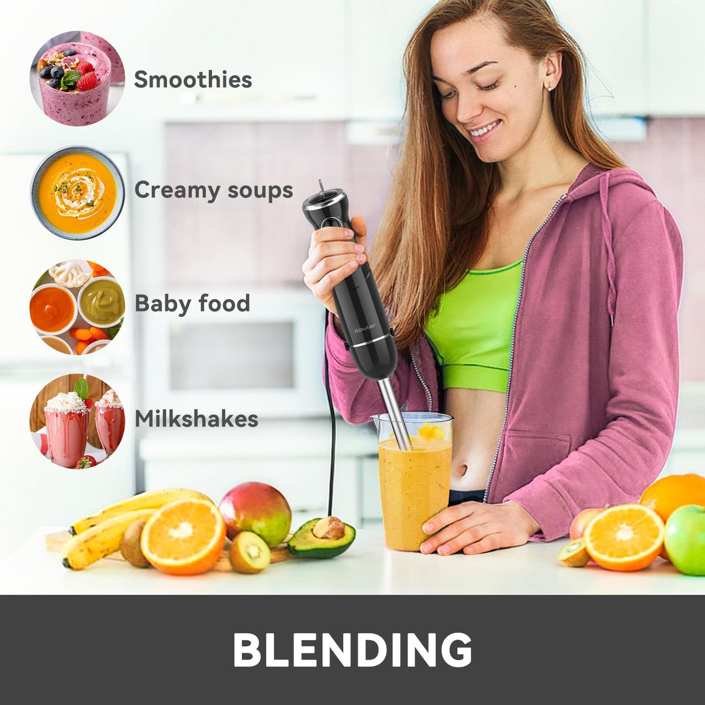 Immersion Blender Handheld, 1000W Scratch Resistant Hand Blender, Abuler 5 in 1 Emulsifier Blender Mixer, BPA-Free 12 Speed Stick Blender, Beaker, Chopper, Whisk, Frother, for Soup, Sauce (Black)