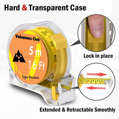 VOLCANOES CLUB Measuring Tape, Tape Measure 16 Ft by 1-Inch, Retractable Dual Side Blade (Inch/Metric Clear Scale), Hard & Transparent Case, Simple & Easy to Use for Surveyors, Electricians (1 Pack)