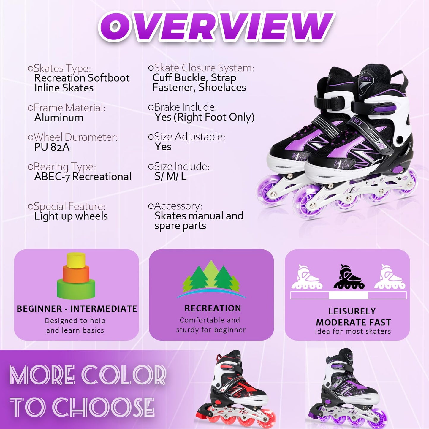 LEJIJIT Adjustable Inline Skates for Kids Girls Boys Children Beginners, Black & Purple Inline Roller Skates with Light Up Wheels for Kids and Youth for Indoors Outdoors Sports (Medium)