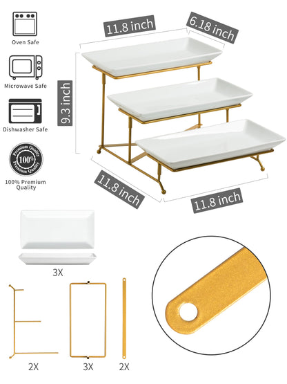 LAUCHUH 3 Tier Serving Stand Porcelain Serving Platter Tier Serving Trays with Collapsible Sturdier Rack, Serving Dishes and Platters for Father's Day, Christmas, Entertaining, Gold, 12 Inch