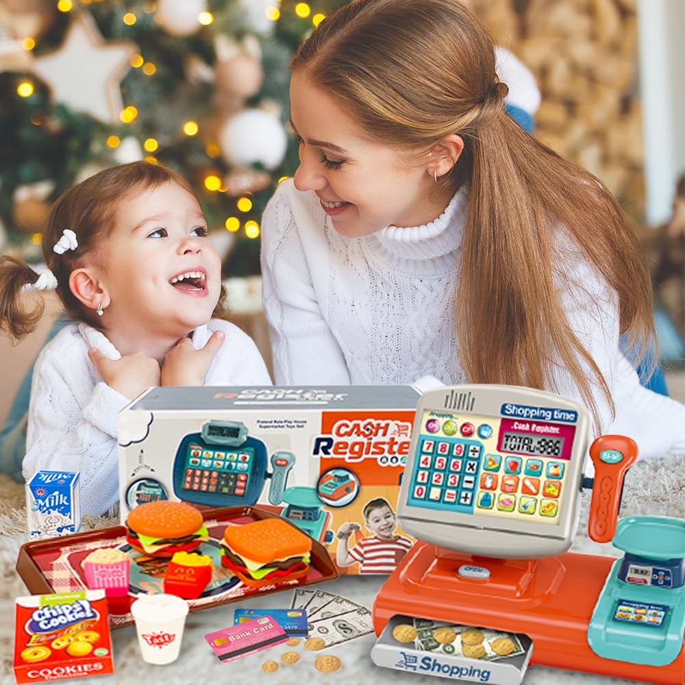 XINGYING Toy Cash Register for Kids, Pretend Play Store w/ Sounds & Real Calculator & Simulate Weighter, Kids Cash Register with Scanner and Credit Card Play Food Money for Boys Girls Ages 3 4 5 6 7+
