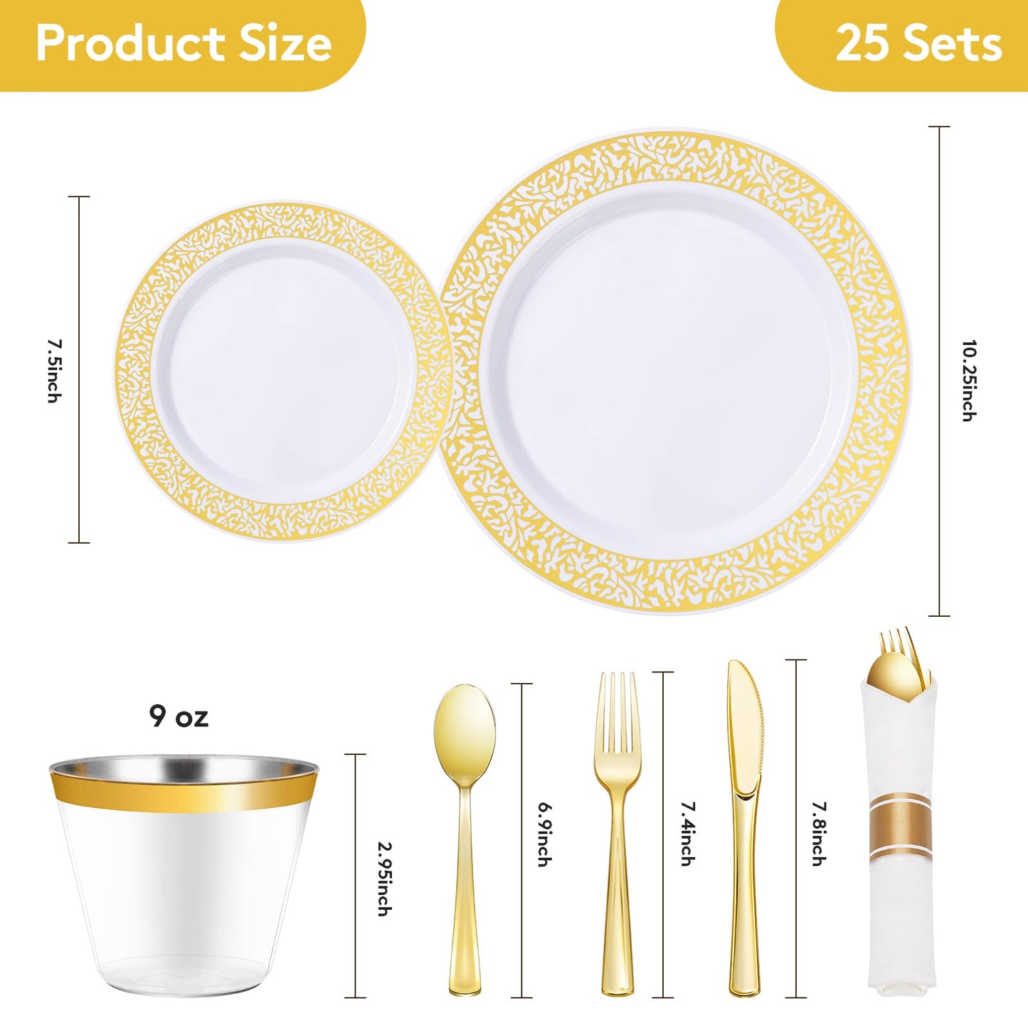 Goodluck 175 Piece Gold Plastic Dinnerware Set for 25 Guests, Disposable Lace Plates for Party, Include: 25 Gold Dinner Plates, 25 Dessert Plates, 25 Pre Rolled Napkins with Silverware, 25 Cups