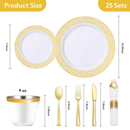 Goodluck 175 Piece Gold Plastic Dinnerware Set for 25 Guests, Disposable Lace Plates for Party, Include: 25 Gold Dinner Plates, 25 Dessert Plates, 25 Pre Rolled Napkins with Silverware, 25 Cups