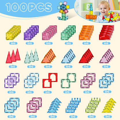 Paaxido Magnetic Tiles, 100PCS Magnetic Blocks Set, 4D Diamond Magnet Building Blocks, STEM Preschool Educational Magnet Toys Gift for Kids, Boys and Girls 3 4 5 6 7 8+ Year Old