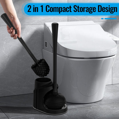 Toilet Plunger and Brush Set, 2 in 1 Heavy-Duty Toilet Brush and Holder Set, Black Toilet Plunger with Holder and Toilet Bowl Brush and Holder for Bathroom, Compact Toilet Bowl Brush and Plunger Set