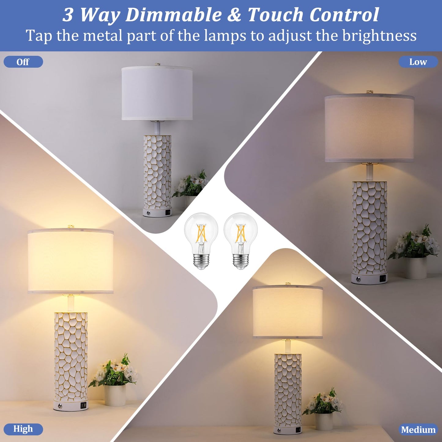 Brightever Table Lamp for Living Room - Touch Lamps Set of 2 with Dual USB Charging Ports, 3-Way Dimmable Farmhouse Lamps for Nightstands, Rustic Bedside Lamp for End Tables, 2 A19 LED Bulbs Included