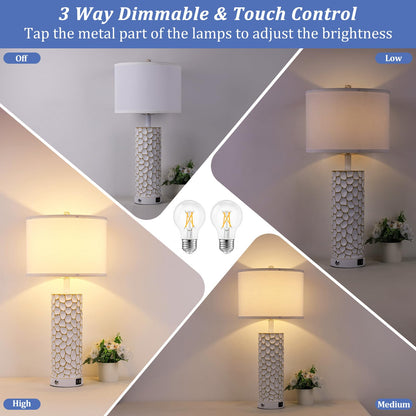 Brightever Table Lamp for Living Room - Touch Lamps Set of 2 with Dual USB Charging Ports, 3-Way Dimmable Farmhouse Lamps for Nightstands, Rustic Bedside Lamp for End Tables, 2 A19 LED Bulbs Included