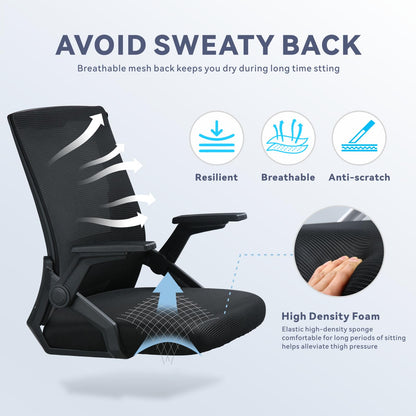 COMHOMA Office Chair with Flip-up Armrests Ergonomic Computer Desk Chair Foldable Mesh Task Chair with Wheels Adaptive Lumbar Support Swivel Tilt Comfortable Study Chair for Student, Black