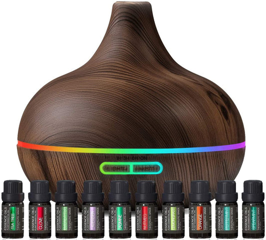 Ultimate Aromatherapy Diffuser & Essential Oil Set - Ultrasonic Diffuser & Top 10 Essential Oils - 300ml Diffuser with 4 Timer & 7 Ambient Light Settings - Therapeutic Grade Essential Oils Dark Oak