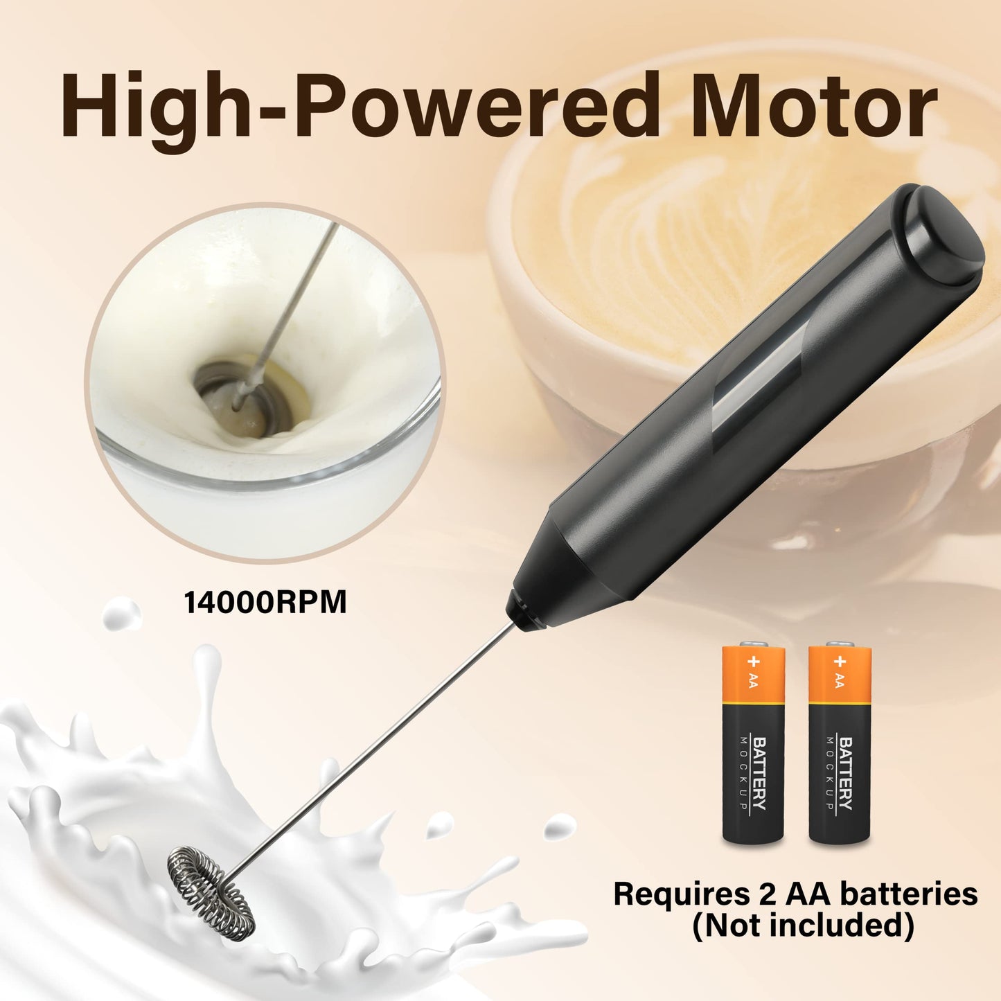 YSSOA Electric Milk Frother Handheld with Stainless Steel Stand Battery Operated Whisk Drink Mixer for Coffee, Frappe, Latte, Matcha, Hot Chocolate, Black (2 Pack, Black)