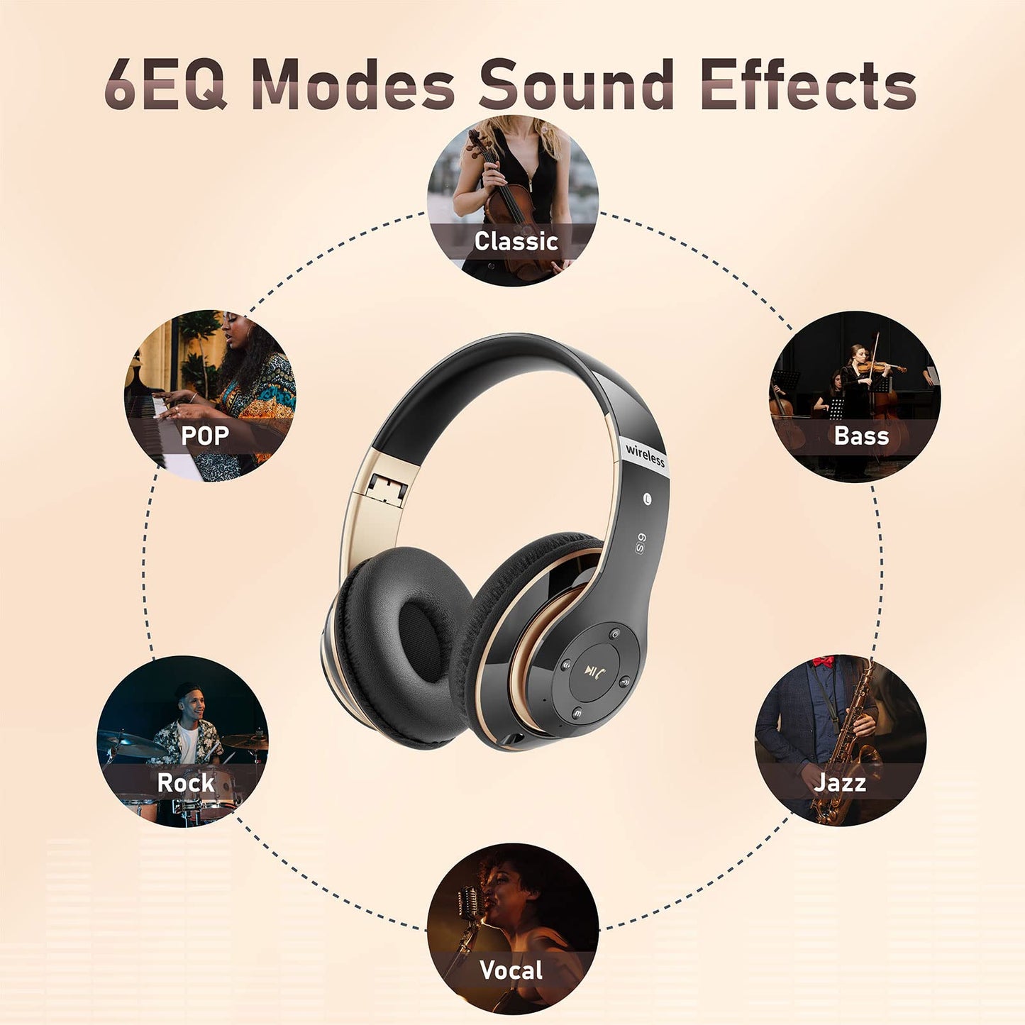 Falebare Bluetooth Headphones Over Ear, 6S Wireless Headphones Wired with 6 EQ Modes, 40 Hours Playtime Foldable HiFi Stereo Headset with Microphone, FM/TF for Cellphone/PC/Work (Black & Gold)