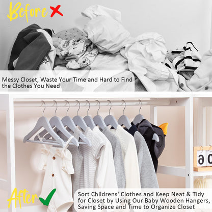 FairyHaus Kids Wooden Hangers 20Pack Grey, 12.8 Inch Baby Wooden Hangers for Closet, Anti-Rust 360° Swivel Hook, Notches & Smooth Finish, Natural Solid Wood Childrens Hangers for Clothes
