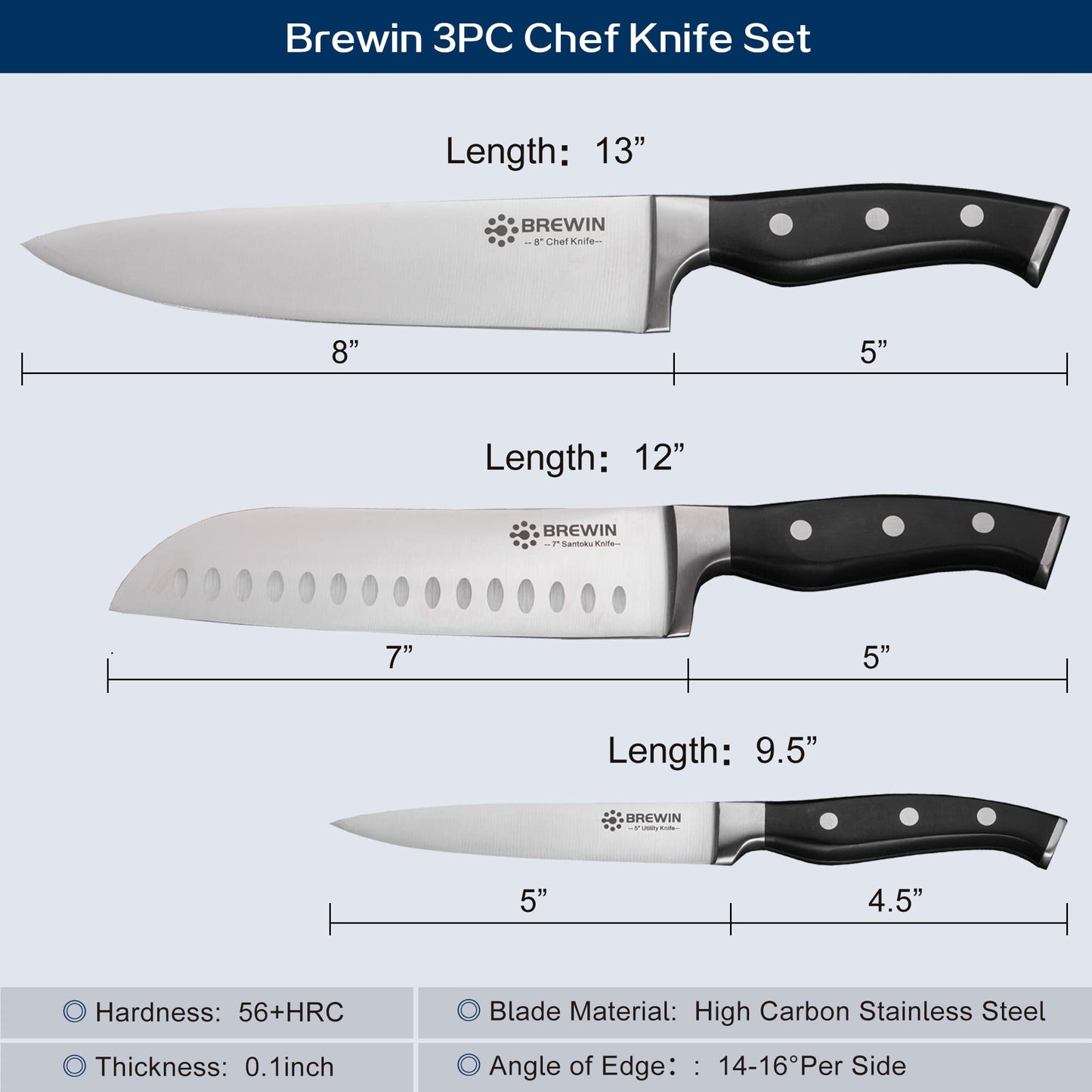 Brewin 3-Piece High Carbon Chef Knife Set