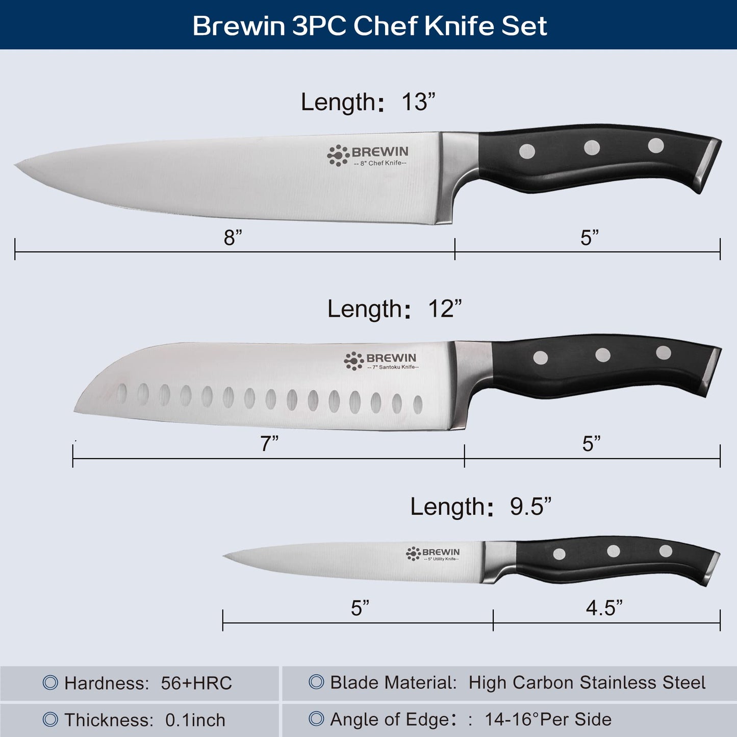 3PC Chef Knife Set by Brewin - High Carbon Steel