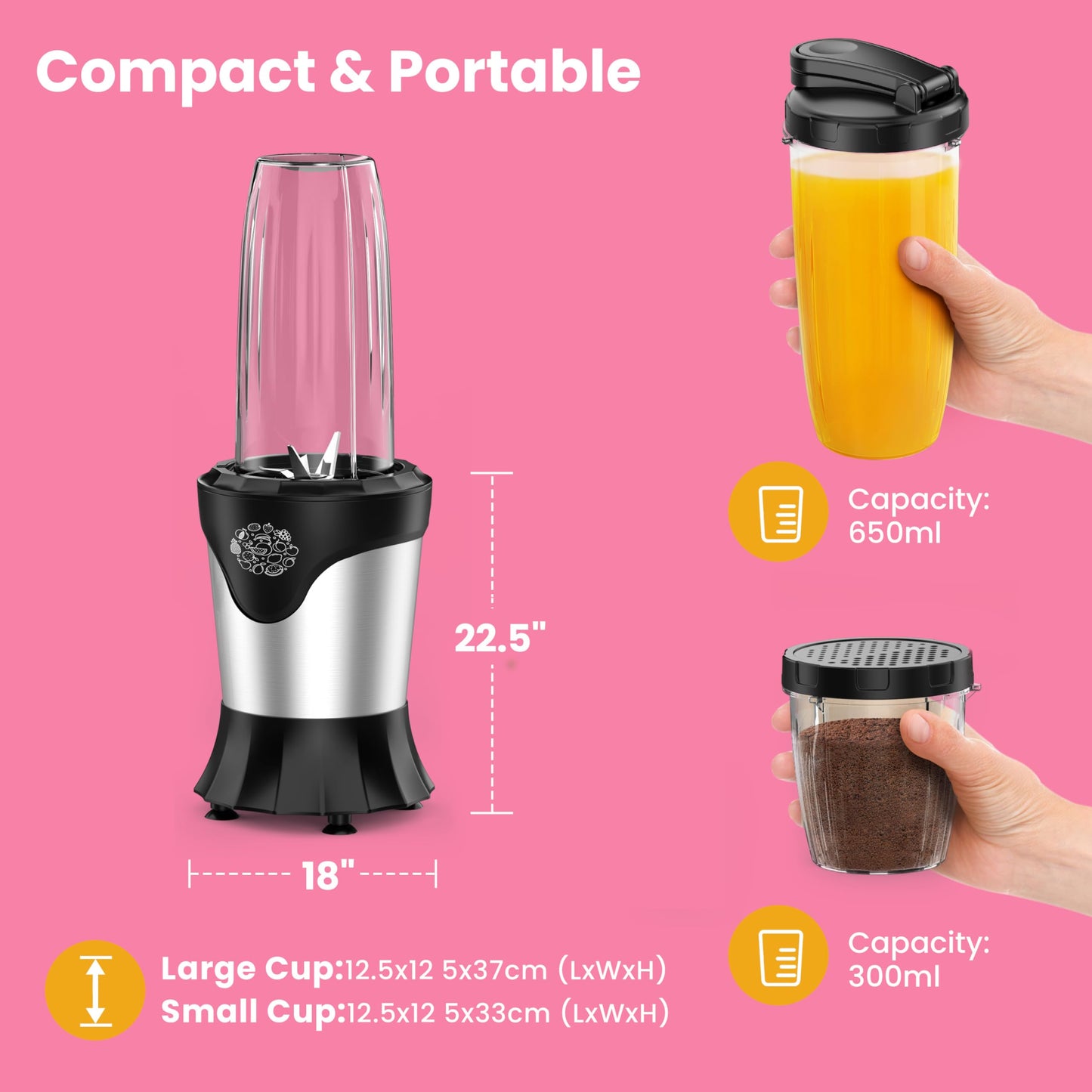 SUAVO 1100W Portable Blender with To-Go Cups