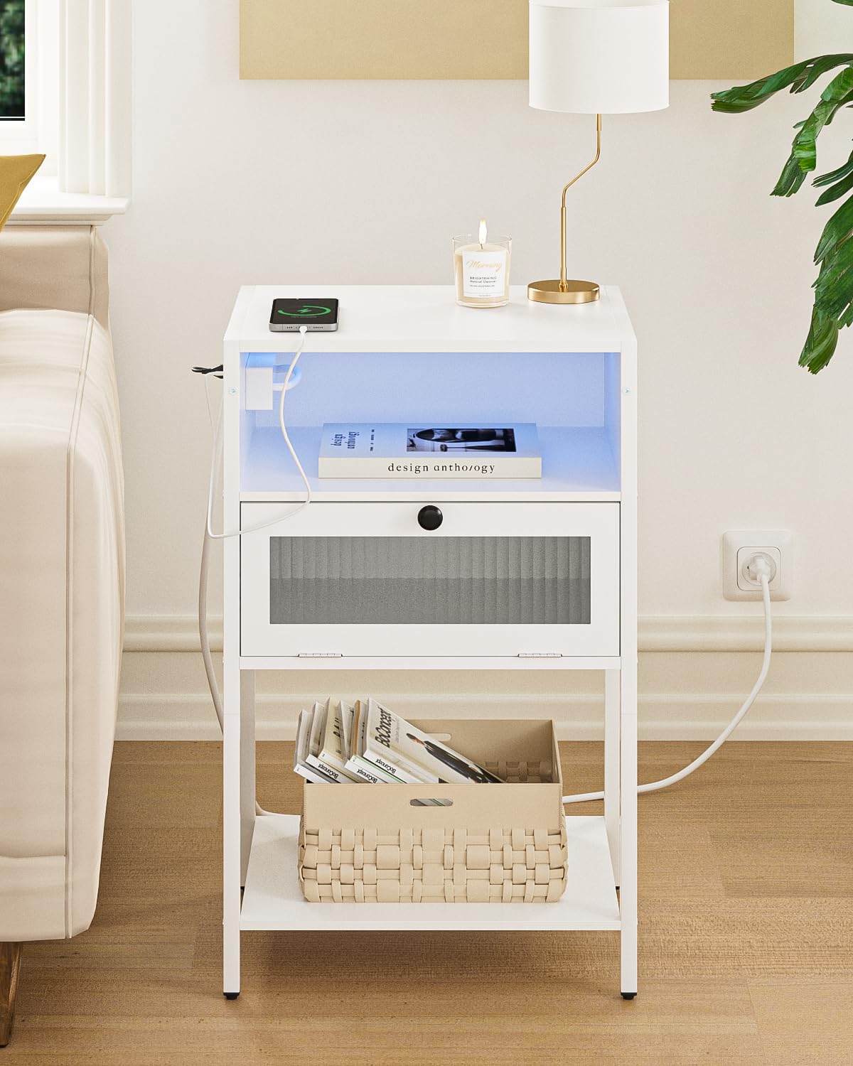 Masupu Nightstand with Charging Station and LED Lights, Bedside Table with Storage, Modern Side Table End Table with Glass Decorative Door for Bedroom, Living Room, White