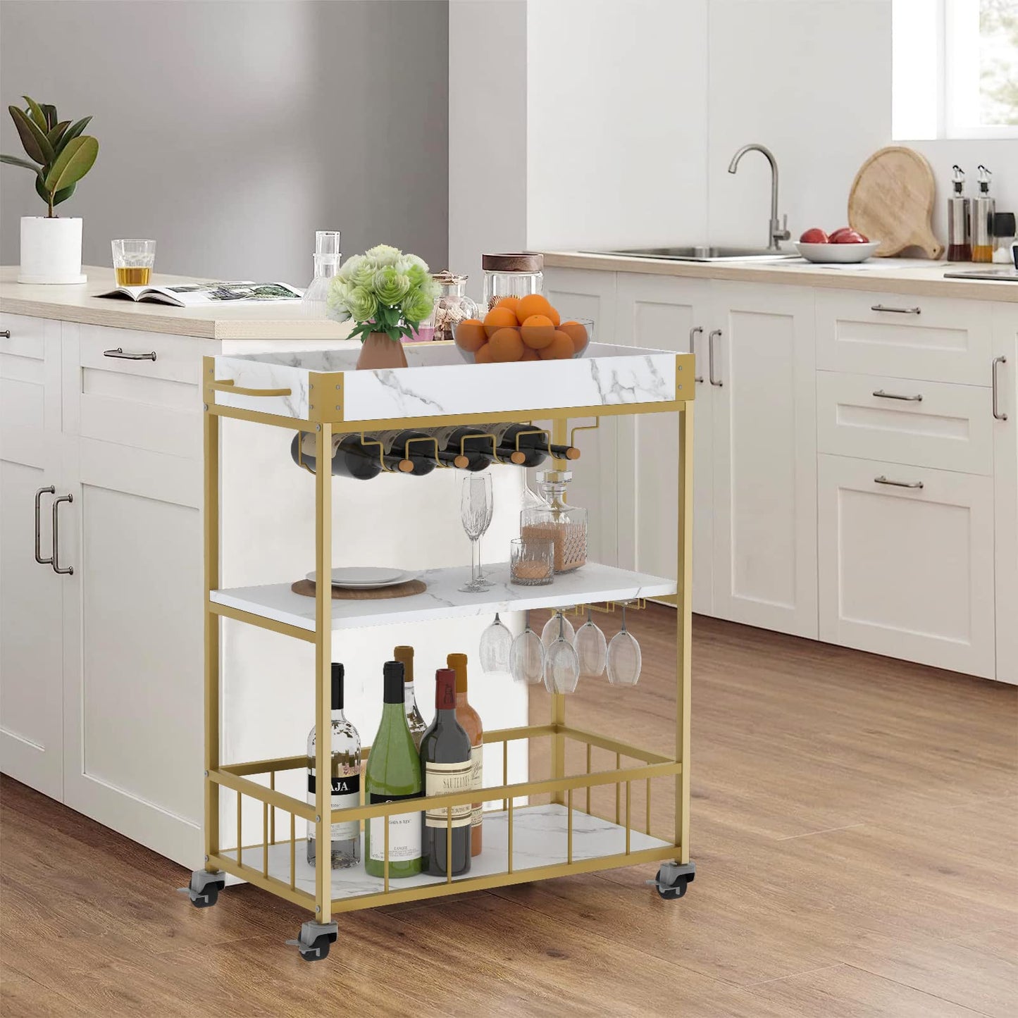 aboxoo Bar Cart White Marble 3 Tiers Removable Storage Tray with Wine Rack & Wine Glasses Holder,Rolling Beverage Mobile Bar Serving Cart with Handle Wood and Gold Steels Home Kitchen Shelf for Party