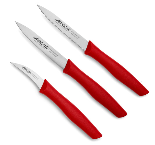 ARCOS 3 Pieces Paring Knife Set. 3 Peeling Knives of Stainless Steel and Ergonomic Polypropylene Handle for Cutting Fruits, Vegetables and Tubers. Series Nova. Color Red