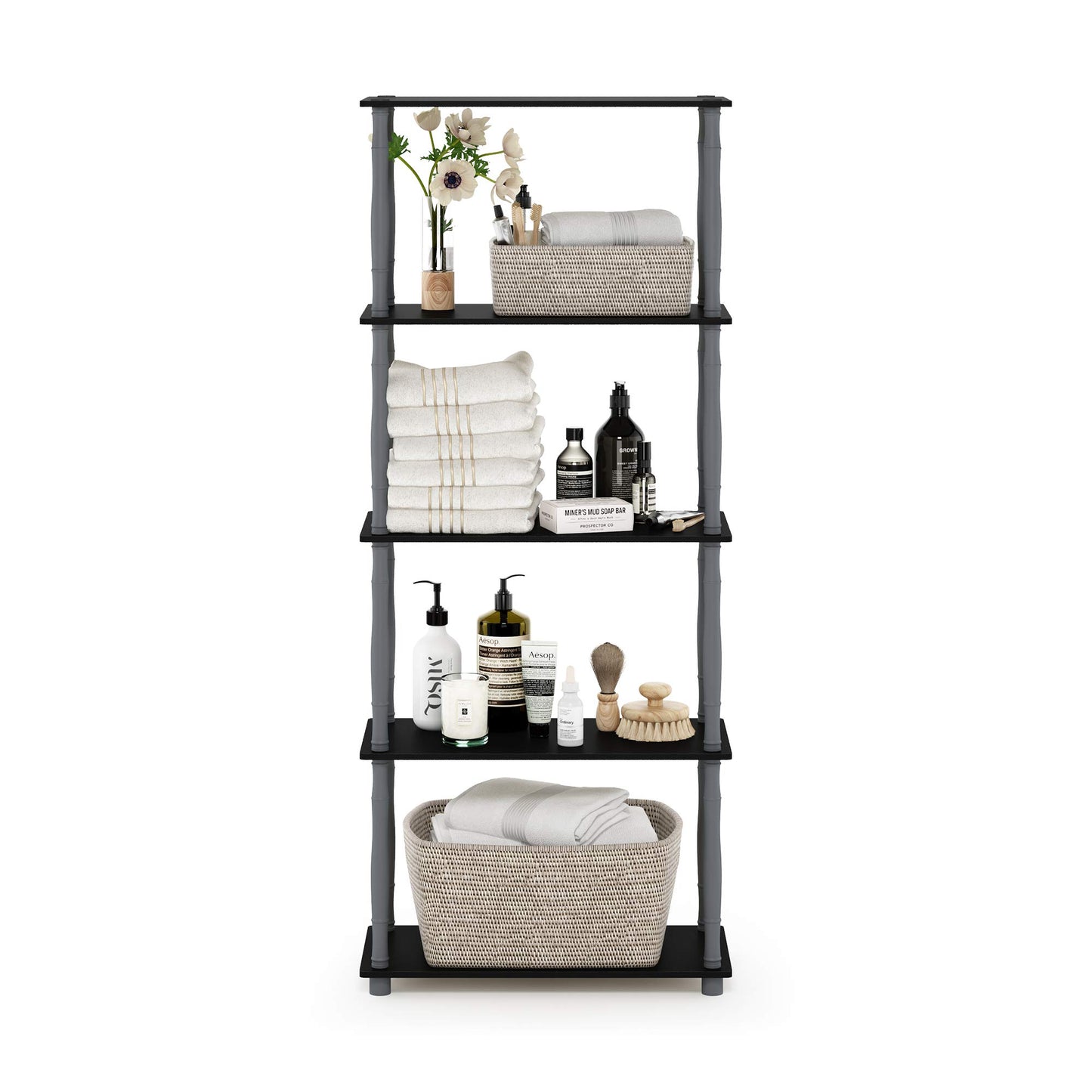 Furinno Turn-N-Tube 5-Tier Multipurpose Shelf / Display Rack / Storage Shelf / Bookshelf, Classic Tubes, Black/Grey