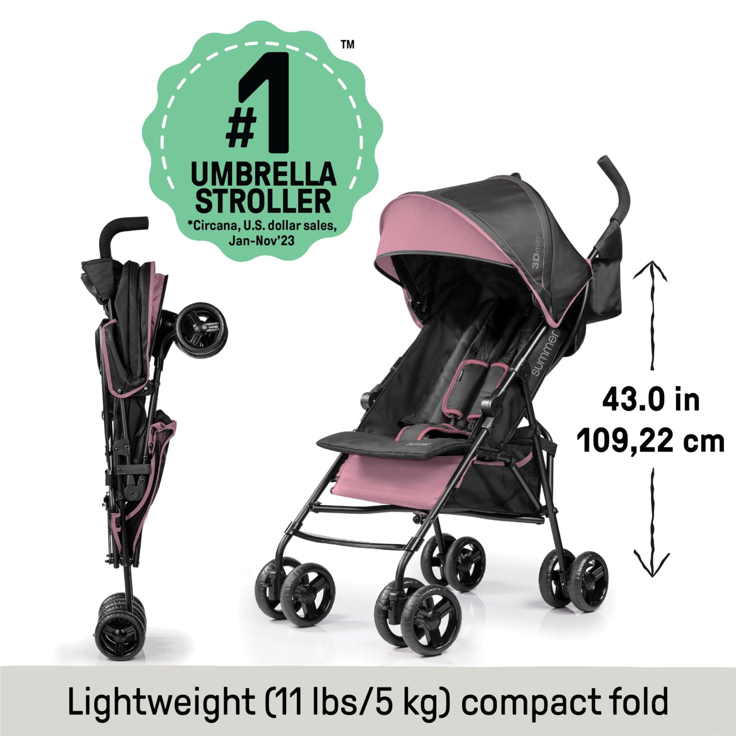 Summer Infant 3Dmini Convenience Stroller, Pink – Lightweight Stroller with Compact Fold, Multi-Position Recline, Canopy with Pop Out Sun Visor and More – Umbrella Stroller for Travel