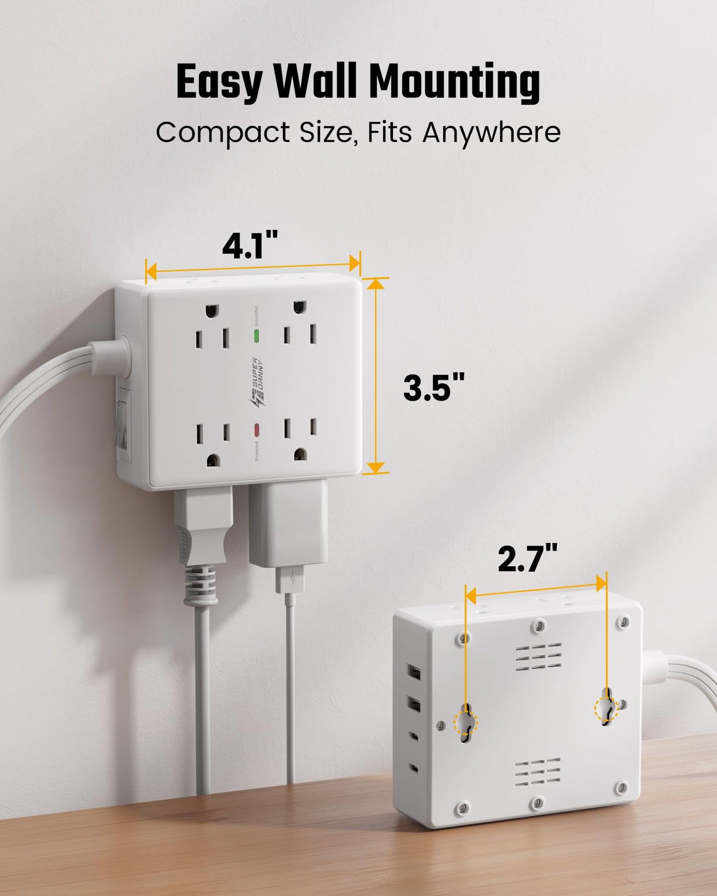 10Ft Extension Cord with 8 Outlets & USB Ports