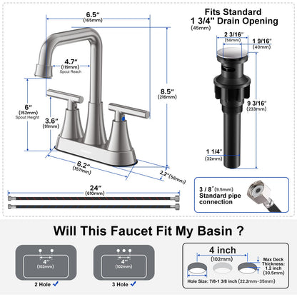 Bathroom Sink Faucet, Hurran 4 inch Brushed Nickel Bathroom Faucets for Sink 3 Hole with Pop-up Drain and Supply Lines, Stainless Steel 2-Handle Centerset Faucet for Bathroom Sink Vanity RV Restroom