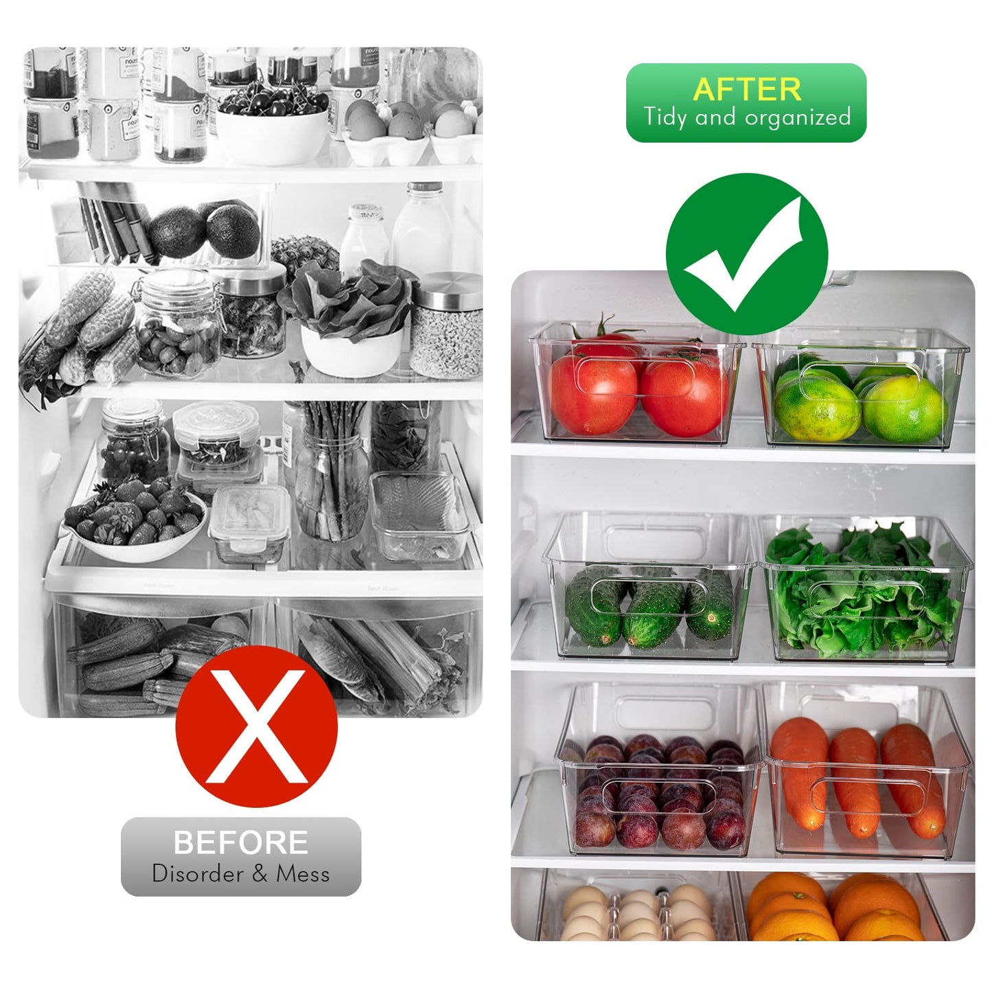 Yaseingoo 6-Pack Refrigerator Organizer Bins Set, Clear Fridge Organizer Bins - Clear Pantry Storage Bins with Handles for Kitchen, Bathroom, and Home Organization, BPA-Free and Food Safe
