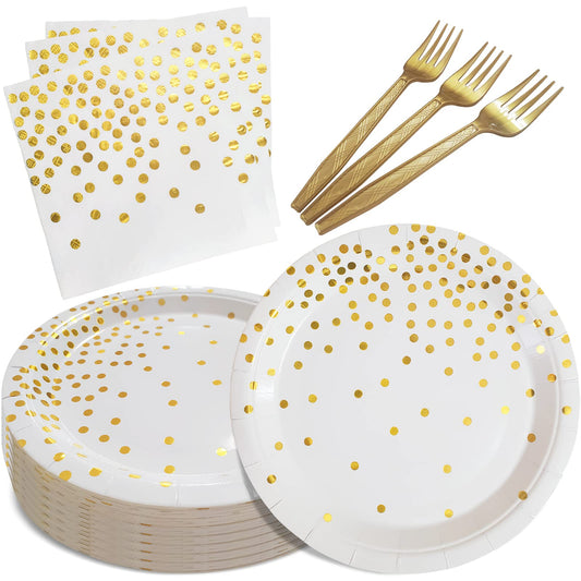 105 Pack Disposable Gold Dot Paper Plates and Napkins