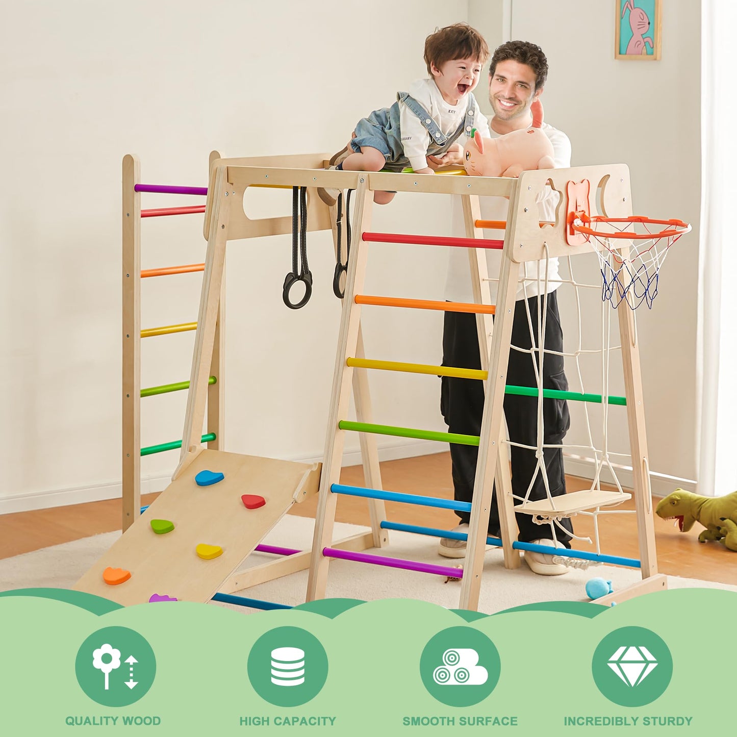 Indoor Jungle Gym - Indoor Playground, 8-in-1 Climbing Toys for Toddlers 1-3 Inside, Montessori Play Gym Playground Sets with Basketball, Slide, Climbing Wall/Net, Monkey Bars and Swing