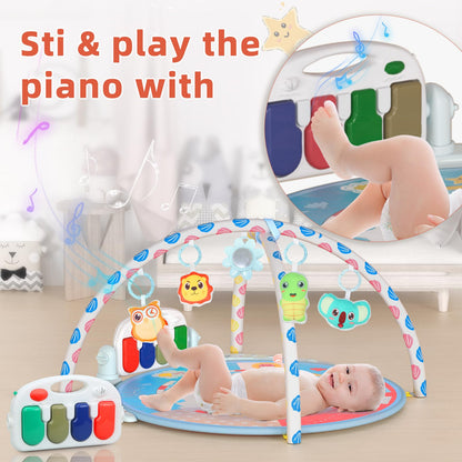 Baby Tummy Time Mat, Baby Gyms Playmats Activity Mat with 4 Toys and Mirror, Piano Keys with 40 Music, Multi-Functional Sensory Development Activity Gym for Infants and Toddlers 3 to 18 Month(Blue)