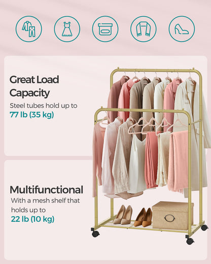 SONGMICS Double Rods Clothes Rack with Wheels, Clothing Rack for Hanging Clothes, Heavy Duty Garment Rack with Mesh Storage Shelf, 2 Brakes, Each Top Rail Holds up to 77 lb, Gold UHSR026A01