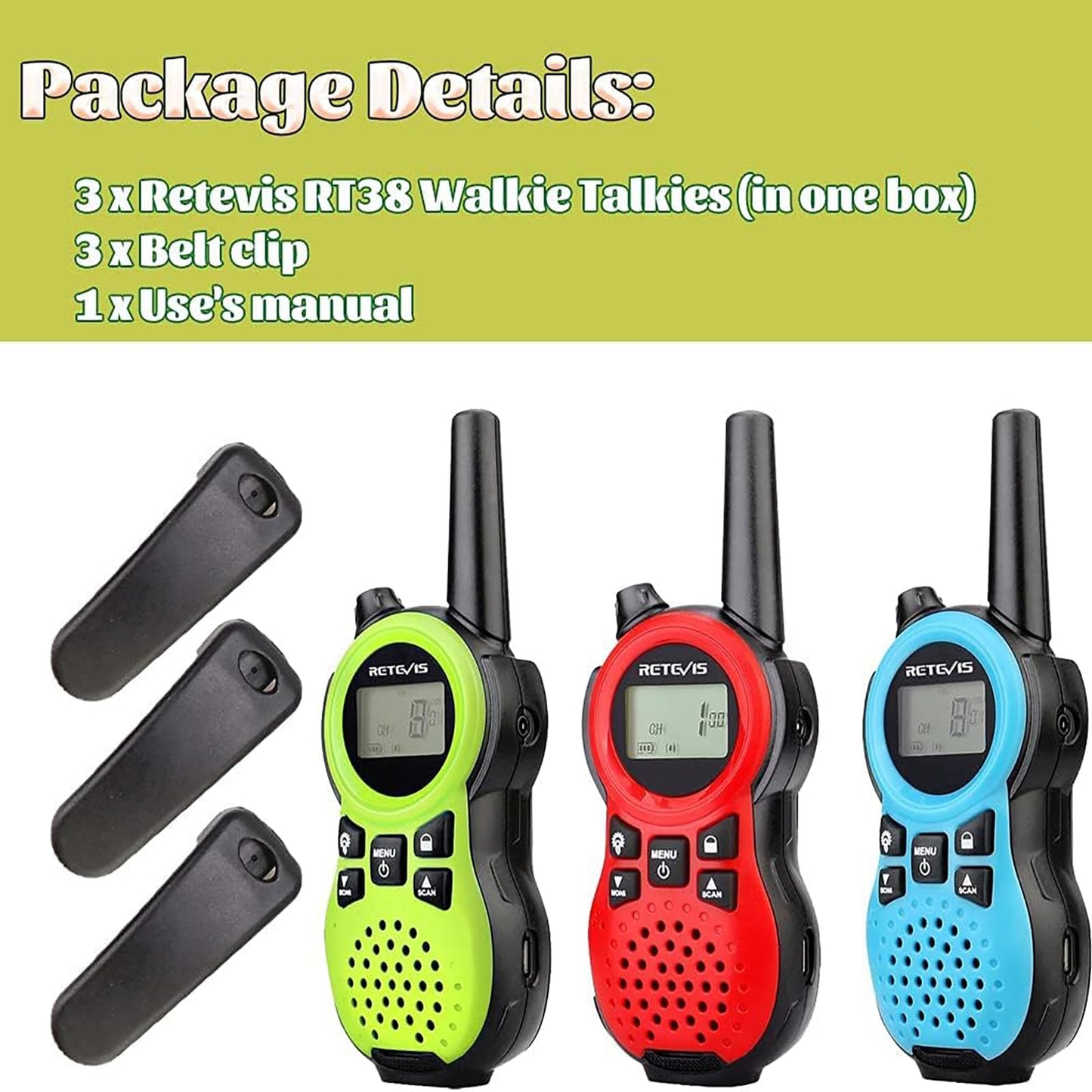 Retevis RT38 Walkie Talkies, 3 Pack 2 Way Radio Long Range 22 CH USB Port, VOX Hands Free Mini Size, Portable FRS Radio for Family Camping Traveling(Red Blue Green)