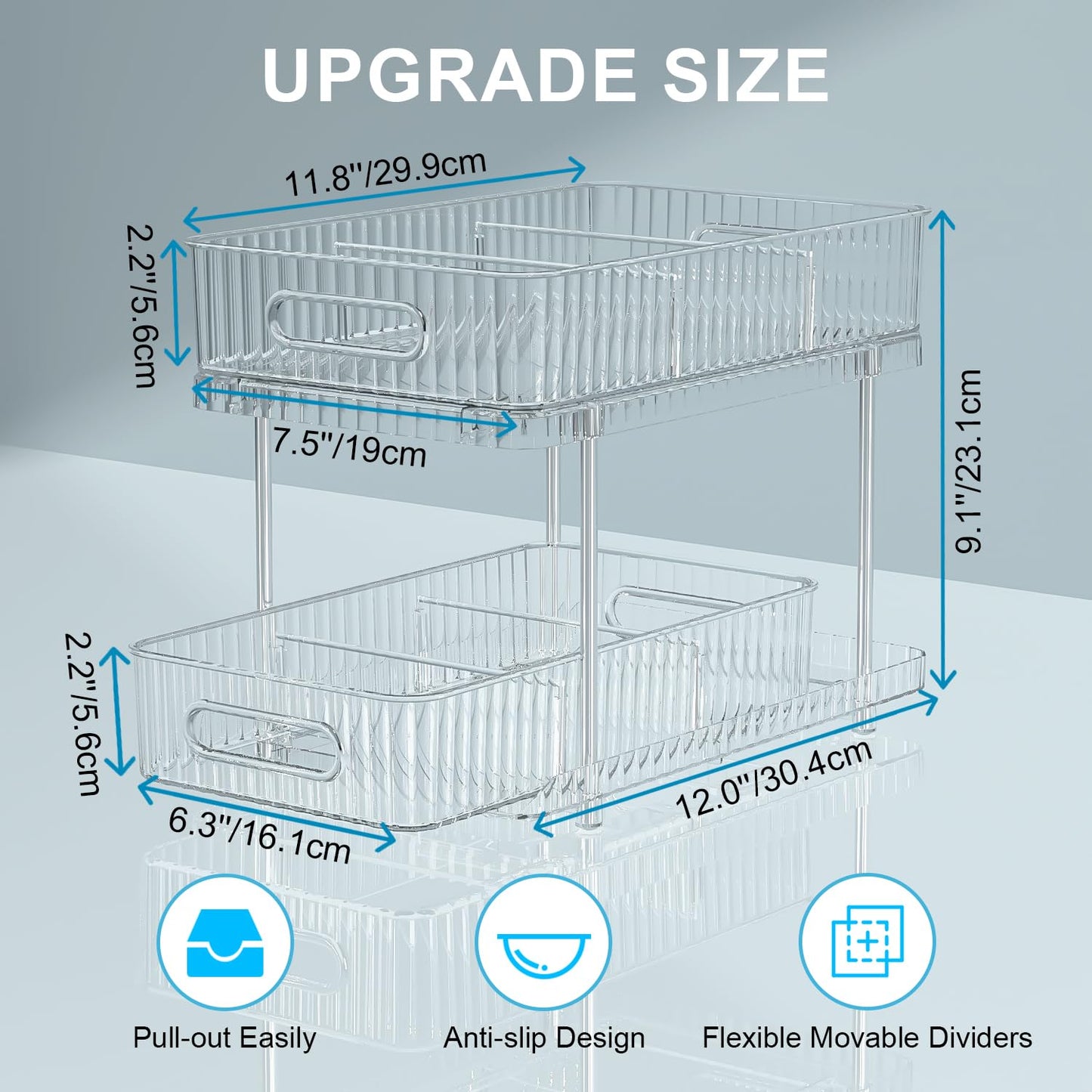 Fowooyeen Bathroom Cabinet Organizer, 2 Tier Pull Out Clear Under Sink Organizers and Storage, Multi-Purpose Kitchen Pantry Medicine Organization and Storage Shelves Bins with Movable Dividers