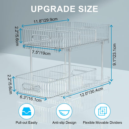Fowooyeen Bathroom Cabinet Organizer, 2 Tier Pull Out Clear Under Sink Organizers and Storage, Multi-Purpose Kitchen Pantry Medicine Organization and Storage Shelves Bins with Movable Dividers