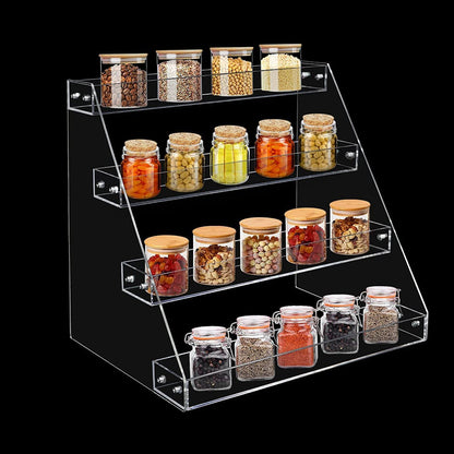 PMMASTO Tiered Spice Rack, Seasoning Organizer, Clear Acrylic Vertical Shelves Can Organizer for Countertop, Cabinet, Pantry, Kitchen Organization & Storage - 4 Tier