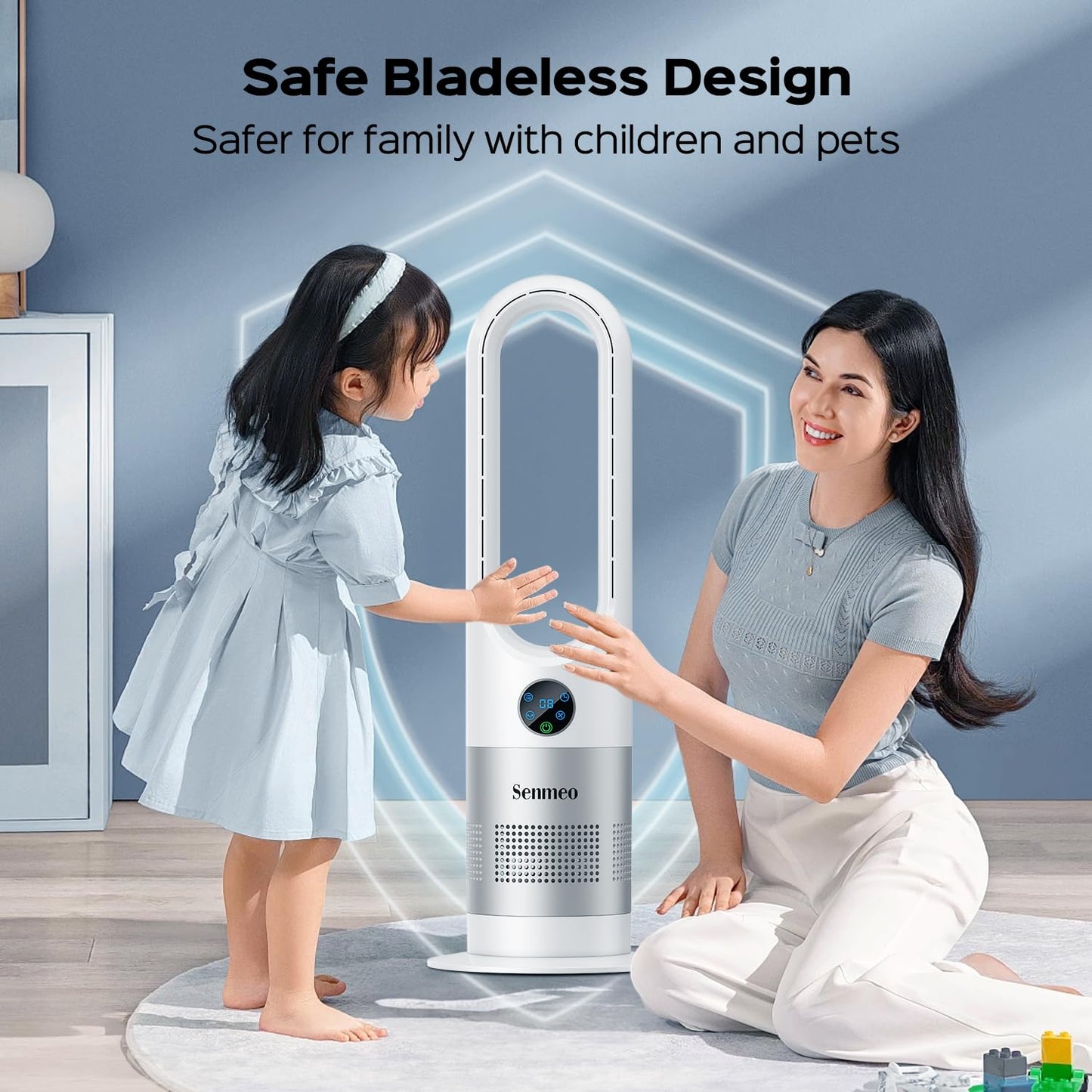 Senmeo Bladeless Fan, 26" Bladeless Tower Fan with Remote, 8 Speeds, 90° Oscillation, 9 Hour Timer, Large LED Display with Auto Off, Easy to Clean, Standing Floor Fan for Bedroom, Home, Office